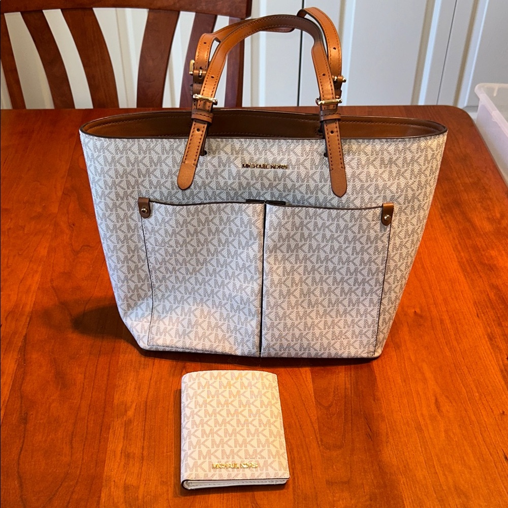 Michael Kors Cream and Brown Signature Tote with Wallet